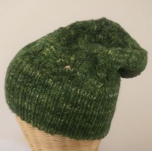 Knit Merino Wool Slouchy Hat, Green, Lacy Leaf Design (Hand Knit)